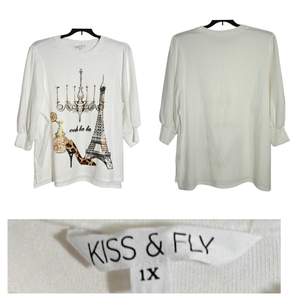 Kiss & Fly White Eiffel Tower Long Sleeve Top
